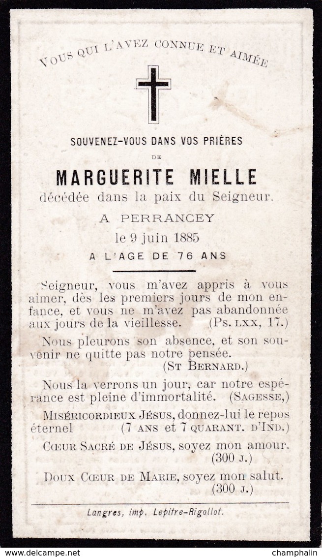 Faire-part De Décès - Mémento - Marguerite Mielle - Perrancey (52) - 9 Juin 1885 - Obituary Notices