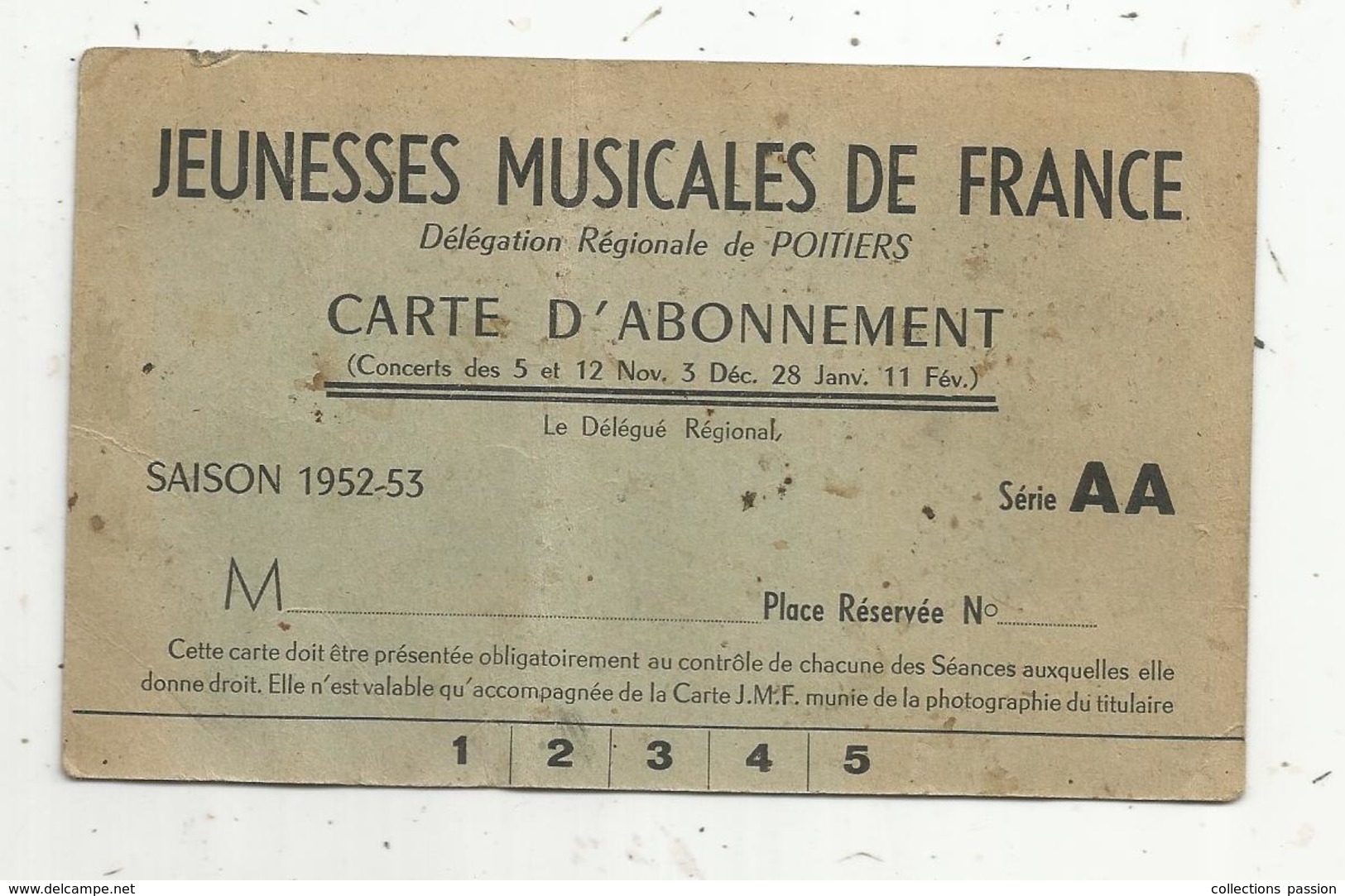 Carte D'abonnement ,1952 ,JEUNESSES MUSICALES DE FRANCE , Poitiers - Sin Clasificación