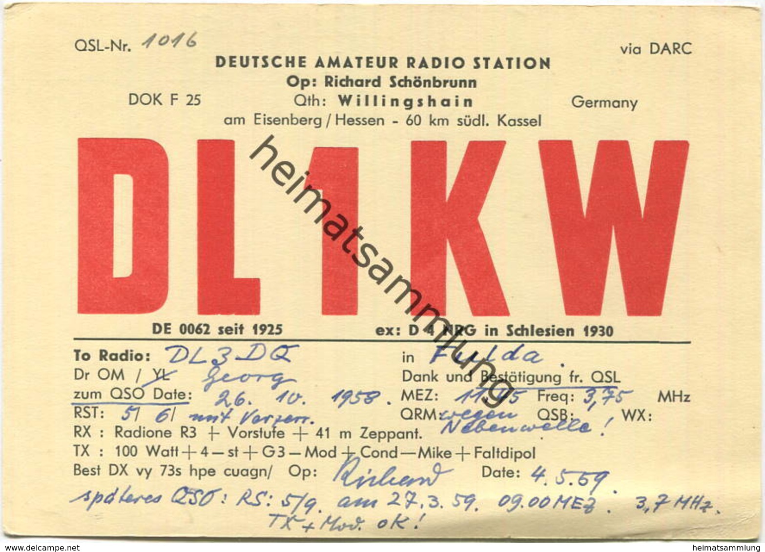 QSL - Funkkarte - DL1KW - Willingshain - 1958 - Amateurfunk