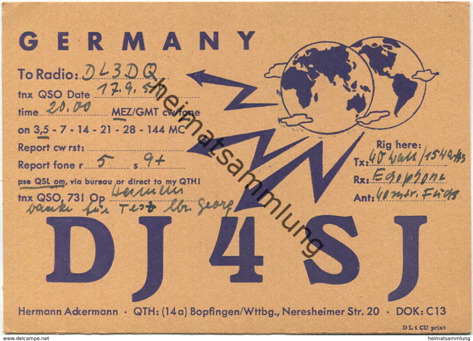 QSL - Funkkarte - DJ4SJ - Bopfingen - 1958 - Radio-amateur