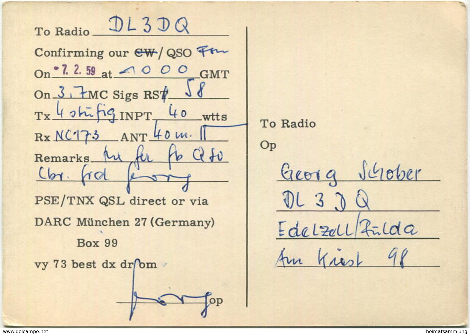 QSL - Funkkarte - DJ4AR - Darmstadt - 1959 - Radio Amateur