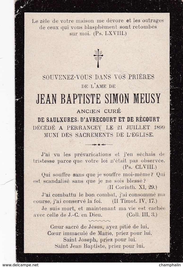 Faire-part De Décès - Mémento - Abbé J.B.S. Meusy - Saulxures Avrecourt Récourt Perrancey (52) - 21 Juillet 1899 - Todesanzeige
