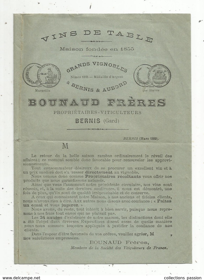Publicité ,vins De Table , Domaines De Bernis Et D'Aubord , Bounaud Frères , BERNIS , Gard ,1889 , Frais Fr 1.65e - Publicités