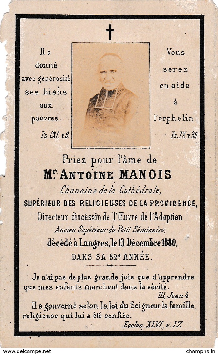 Faire-part De Décès - Mémento - Abbé Antoine Manois - Langres (52) - 13 Décembre 1880 - Avvisi Di Necrologio