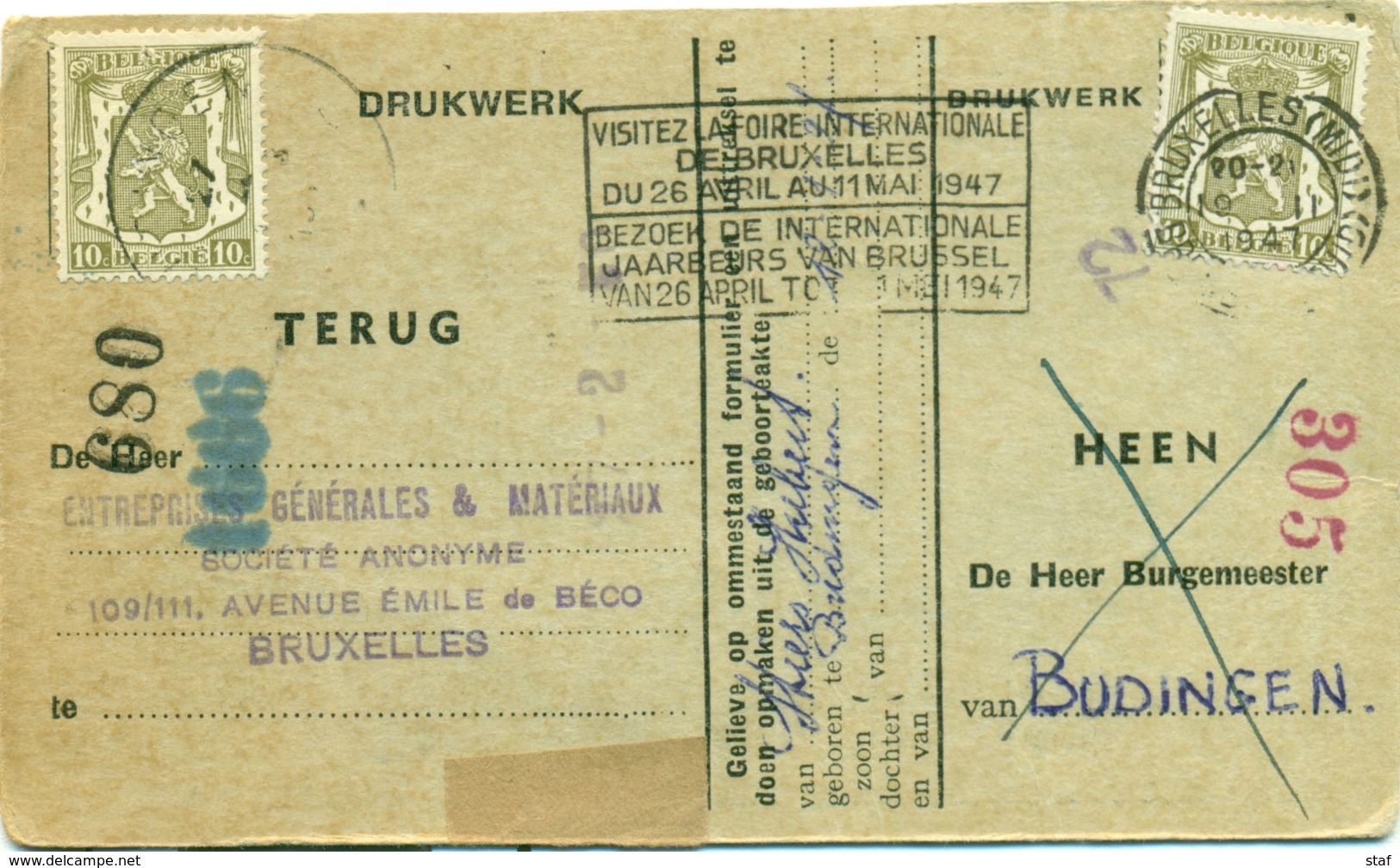 Visitez La Foire Inernationale De Bruxelles Du 26 Avril Au 11 Mai 1947 - Bezoek De Internationale Jaarbeurs Van Brussel - Vlagstempels