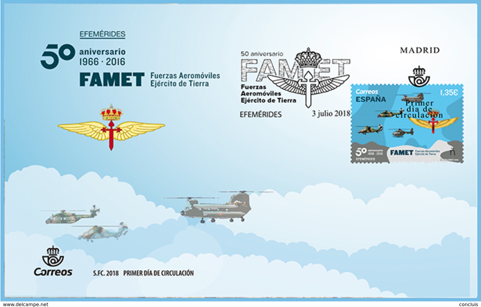 España 2018. Efemérides. 50 Aniversario Fuerzas Aeromóviles Del Ejército De Tierra FAMET. Sobre Primer Día Circulación. - FDC