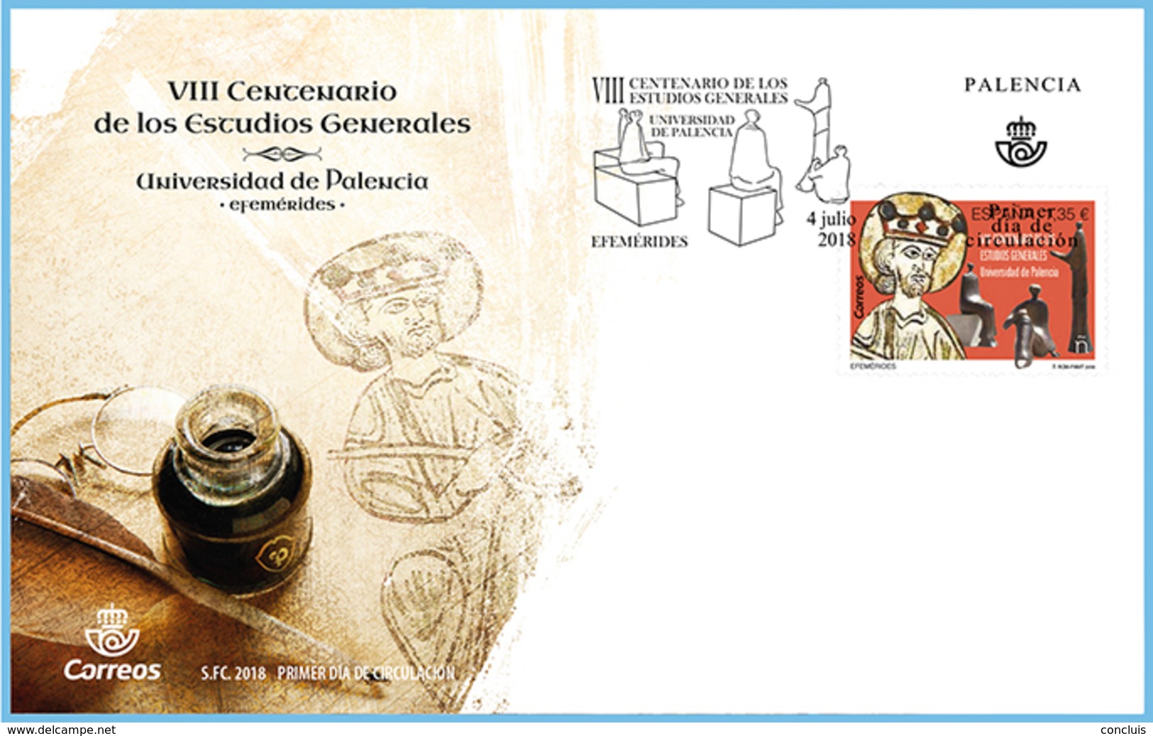 España 2018 Efemérides VIII Centenario Estudios Generales Universidad Palencia Sobre Primer Día Circulación Sello 5241 - FDC