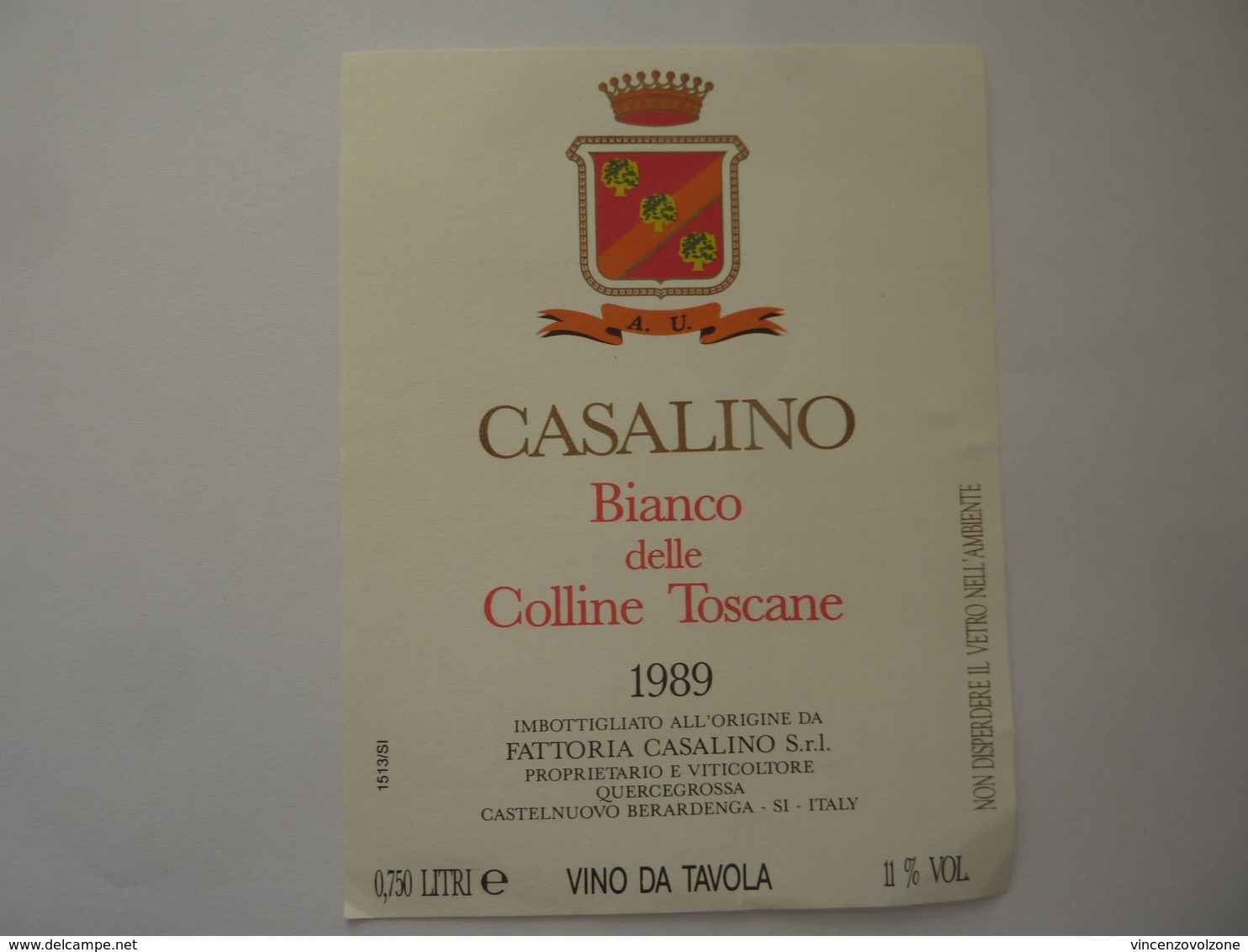 Etichetta "CASALINO Bianco  Delle Colline Toscane 1989" - Vino Bianco