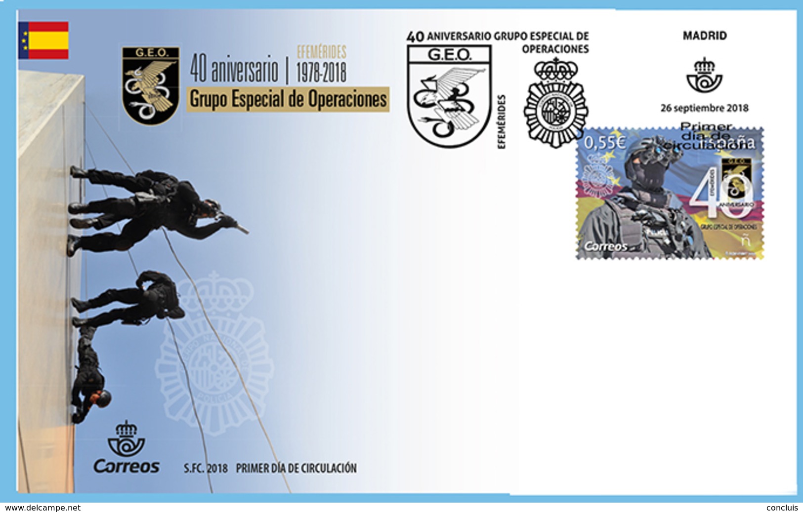 España 2018. Efemérides. 40 Aniversario Grupo Especial De Operaciones GEO. Sobre Primer Día Circulación Sello 5255 - FDC