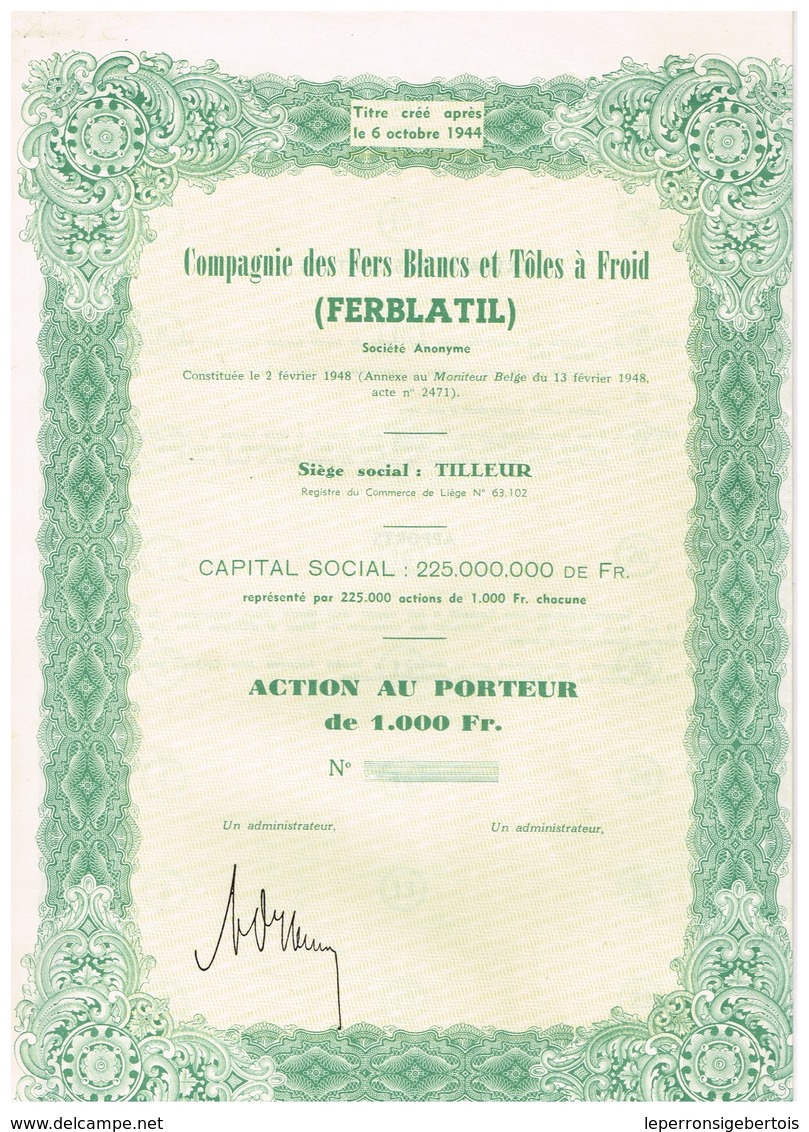Action Uncirculed - Compagnie Des Fers Blancs Et Tôles à Froid  "FERBLATIL" - Titre De 1948 - - Industrie