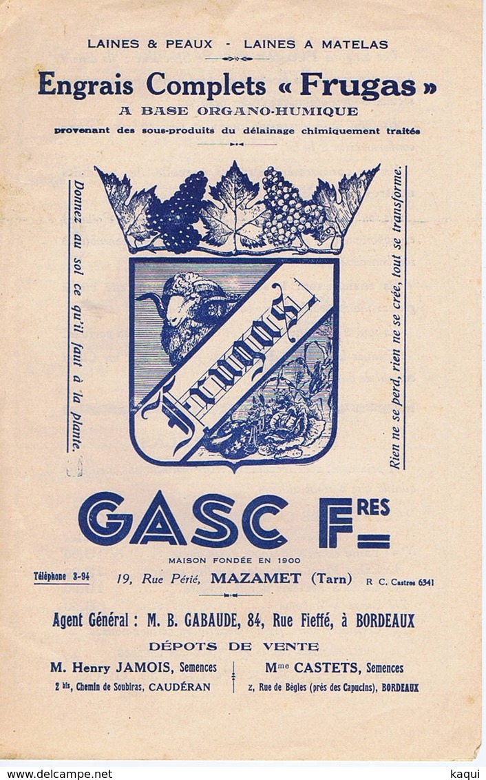 TARN - MAZAMET - GASC Frères - Engrais Complets " FRUGAS " - Laines, Etc... - Publicités