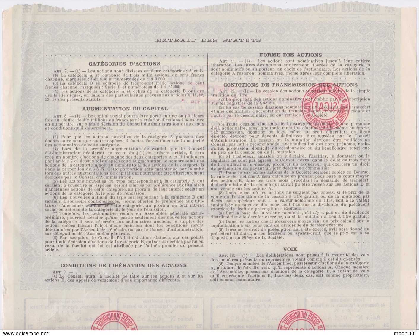 ACTION 100 FRANCS - SOCIETE INDOCHINE DE COMMERCE D AGRICULTURE ET DE FINANCE  (SICAF)  STATUT 1919 SERIE B 1924 - Agriculture