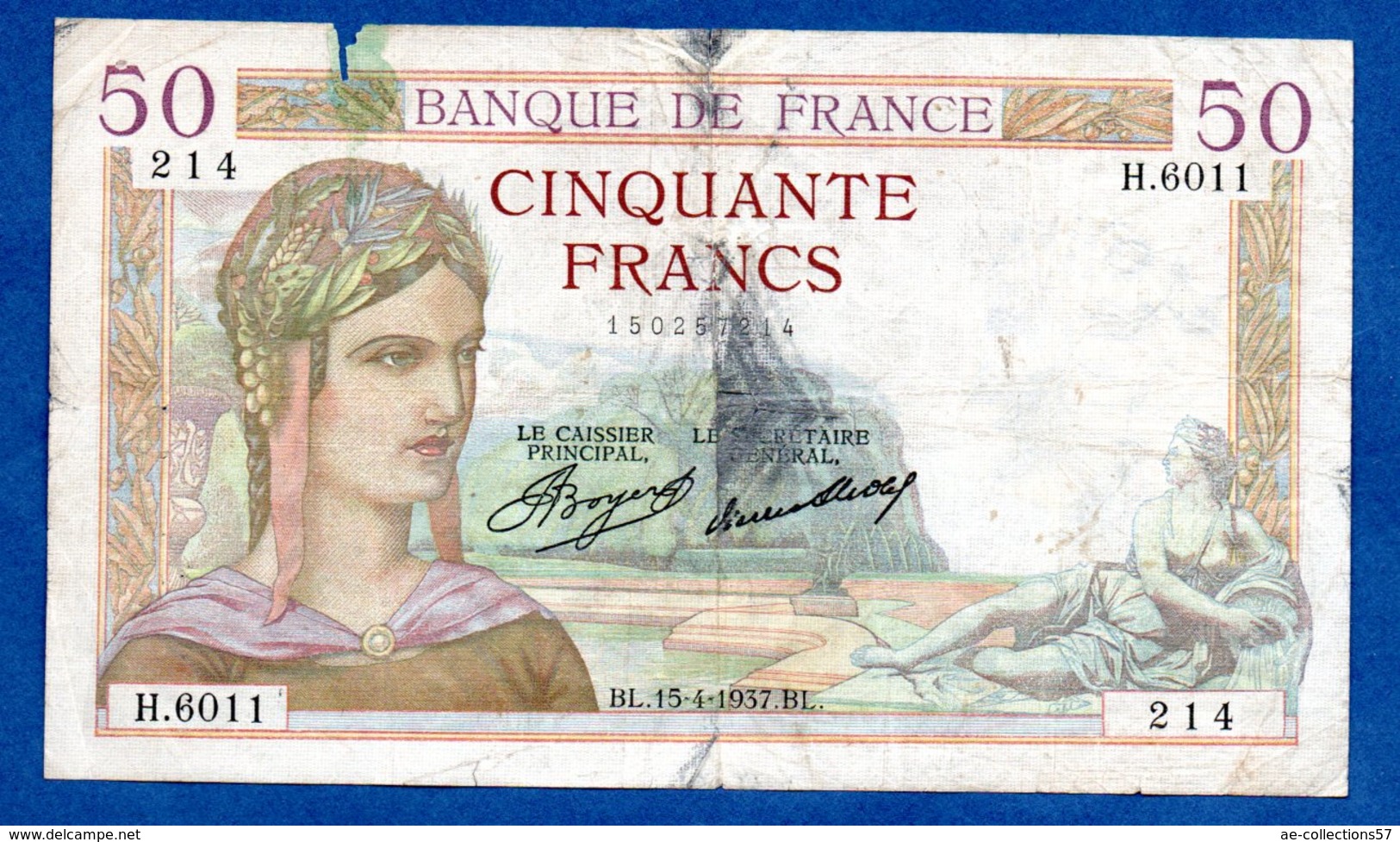 Cérès -  50 Francs 15/4/1937 --  état  B+ - 50 F 1934-1940 ''Cérès''