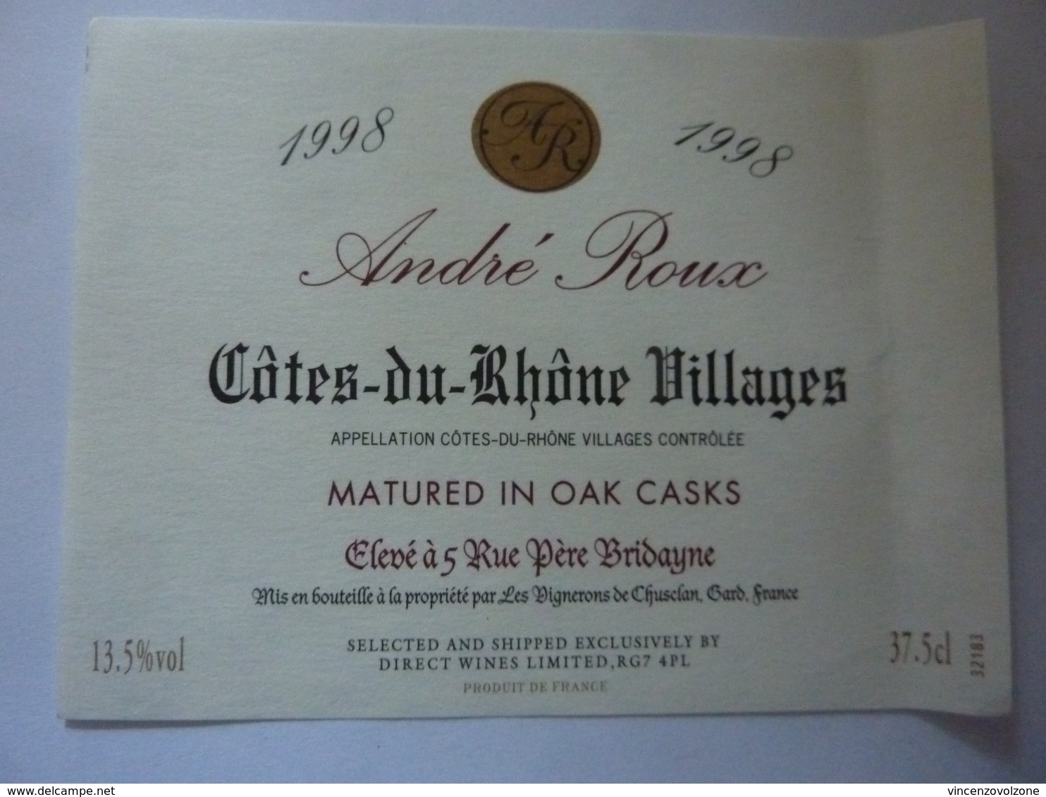 Etichetta "Cotes Du Rhone Villages  1998 ANDRE' ROUX" - Côtes Du Rhône