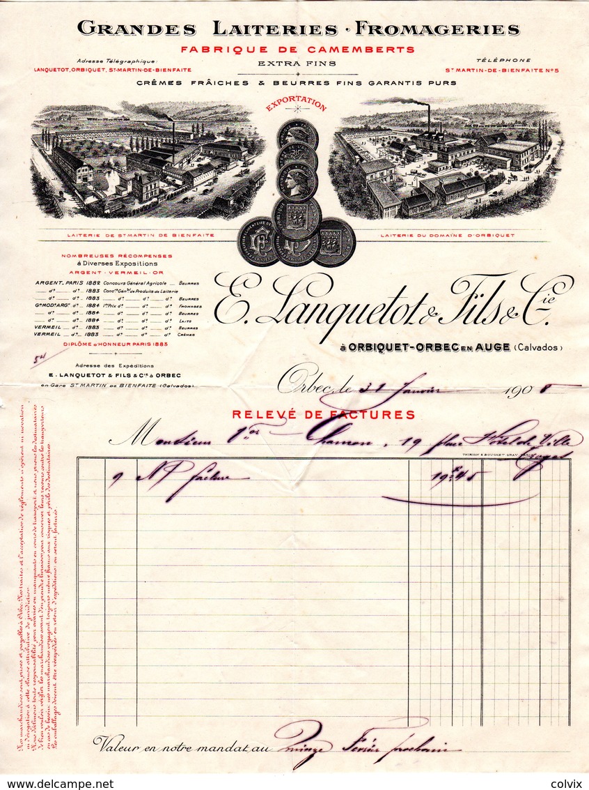 Facture à Entete : E.LANQUETOT & Fils Grandes Laiteries Fromageries ORBIQUET ORBEC En Auge Calvados 1908 - Alimentaire