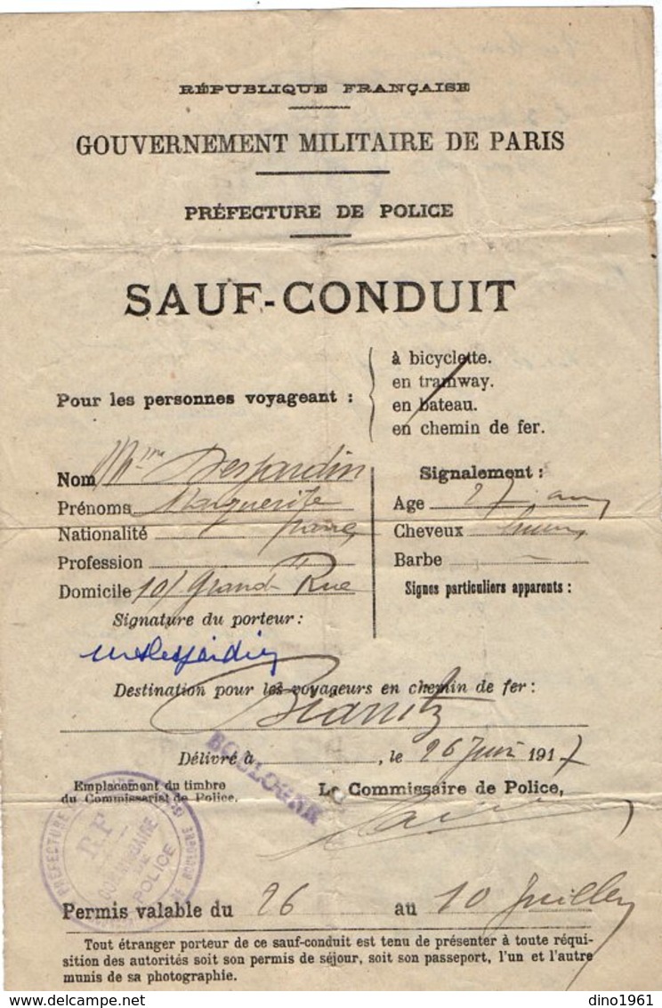 VP13.700 - MILITARIA - Guerre 14 / 18 - Préfecture De Police - SAUF - CONDUIT - BOULOGNE X BIARRITZ - Politie & Rijkswacht