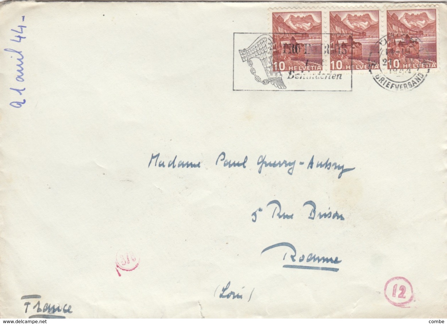 LETTRE. COVER. SWITZERLAND. 1944. ZURICH TO ROANNE FRANCE. GERMAN CENSOR - Other & Unclassified