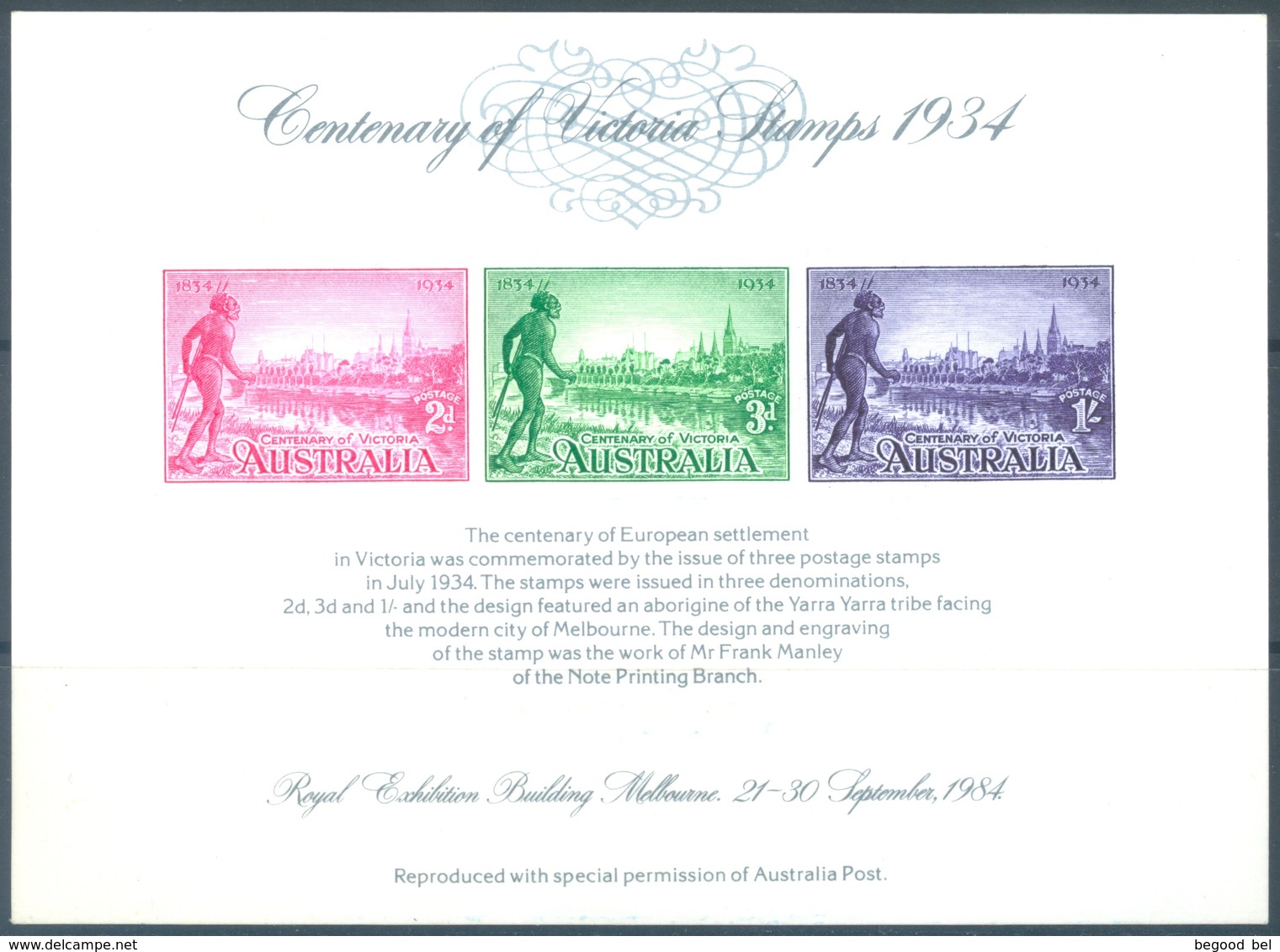 AUSTRALIA - MNH/** - AUSIPEX 84 - REPLICA CARD # 2 CENTENARY OF VICTORIA STAMPS 1934 - 11600 - Lot 18789 - Prove & Ristampe