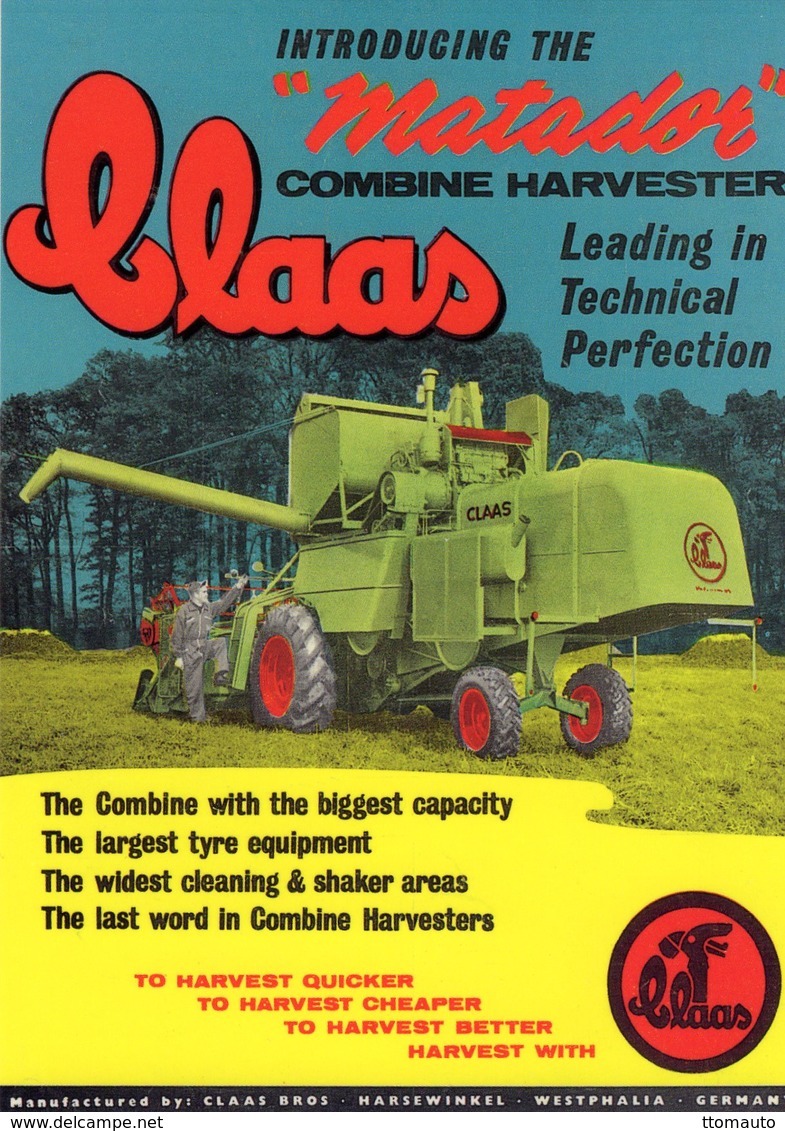 Claas 'Matador' Combine Harvester   -  1952  -  Publicite D'Epoch  -  CPM - Tracteurs