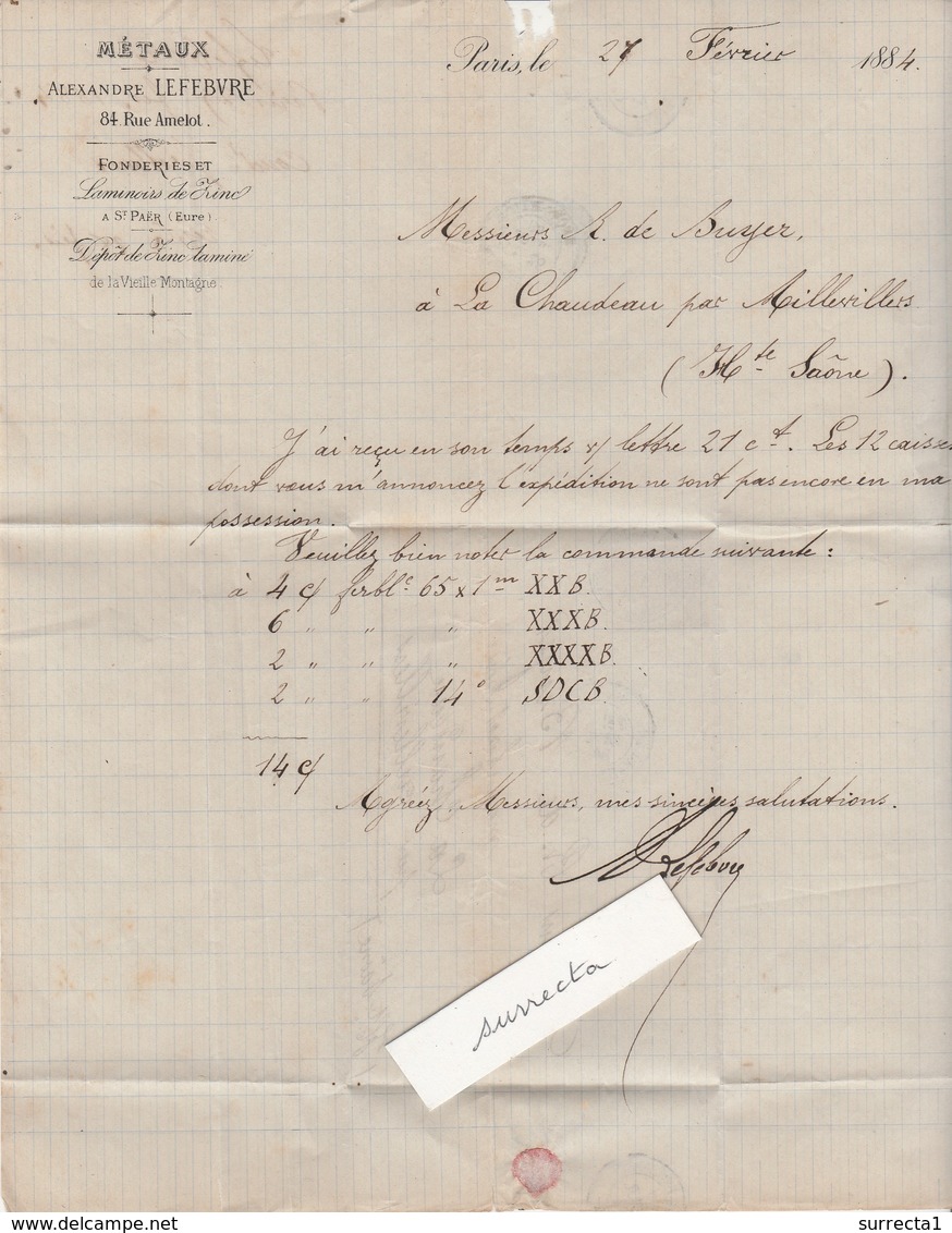 Lettre Facture 1884 / Alexandre LEFEBVRE / Métaux / Laminoir Zinc à St Paër 27 Eure / 75 Paris - 1800 – 1899