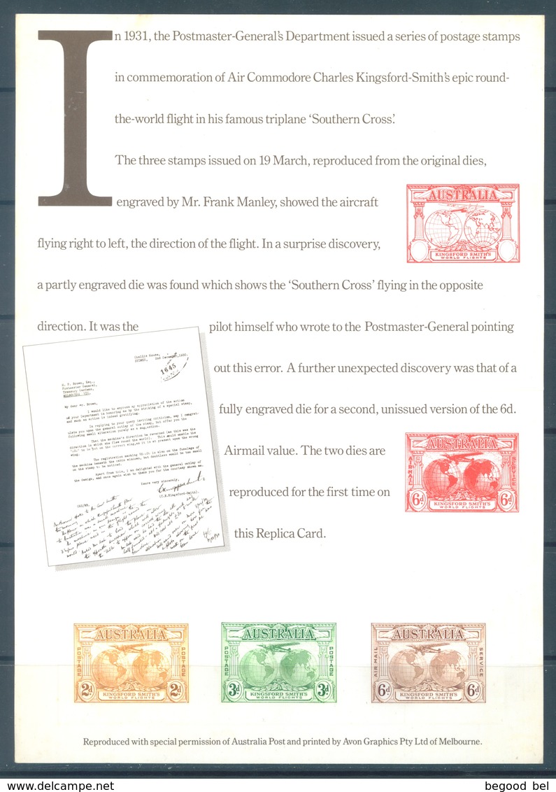 AUSTRALIA - MNH/** - REPLICA CARD # 11 THE FLIGHTS OF SIR CHARLES KINGSFORD SMITH - Lot 18794 - Ensayos & Reimpresiones
