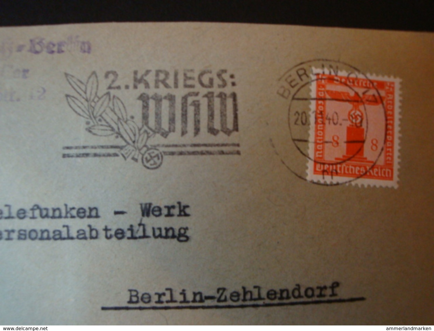 Deutsches Reich, Dienstbrief 8 Pfg. Dienstmarke EF Werbestempel 2. Kriegs - WHW, 1940 - Briefe U. Dokumente