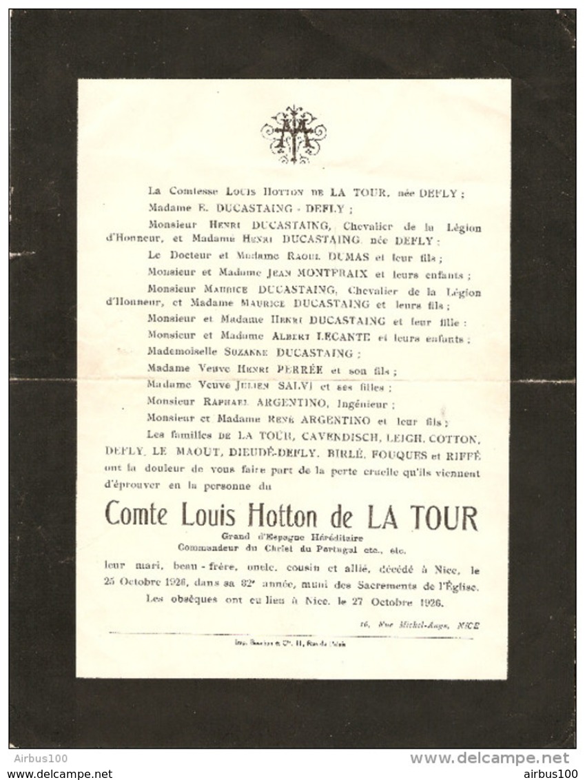 FAIRE PART DE DÉCES 27/10/1926 COMTE LOUIS HOTTON DE LA TOUR FAMILLES DEFLY DUCASTAING MONTFRAIX LECANTE COTTON - Obituary Notices