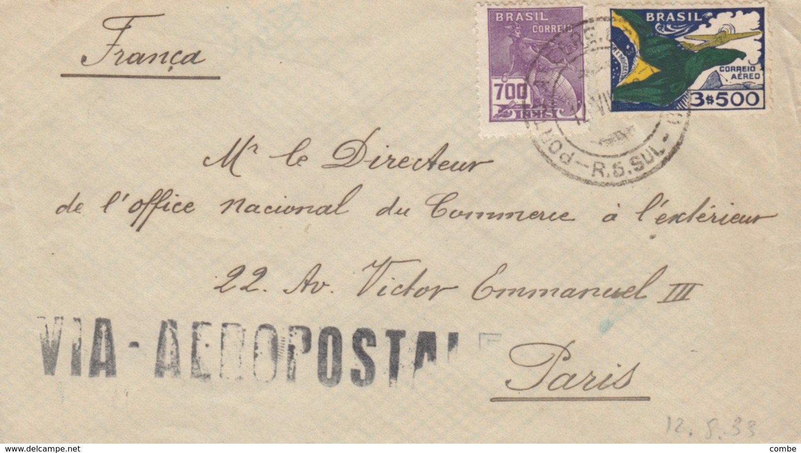 LETTRE. COVER. BRASIL. 1933.  VIA AEROPOSTALE. PORTO TO LPARIS FRANCE - Autres & Non Classés