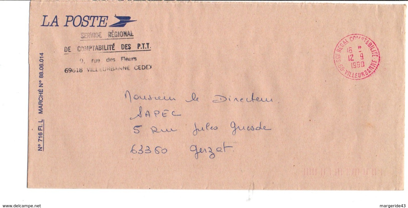 OBLITERATION SUR LETTRE DE SERVICE SERVICE REGIONAL DE COMPTABILITE VILLEURBANNE 1990 - 1961-....