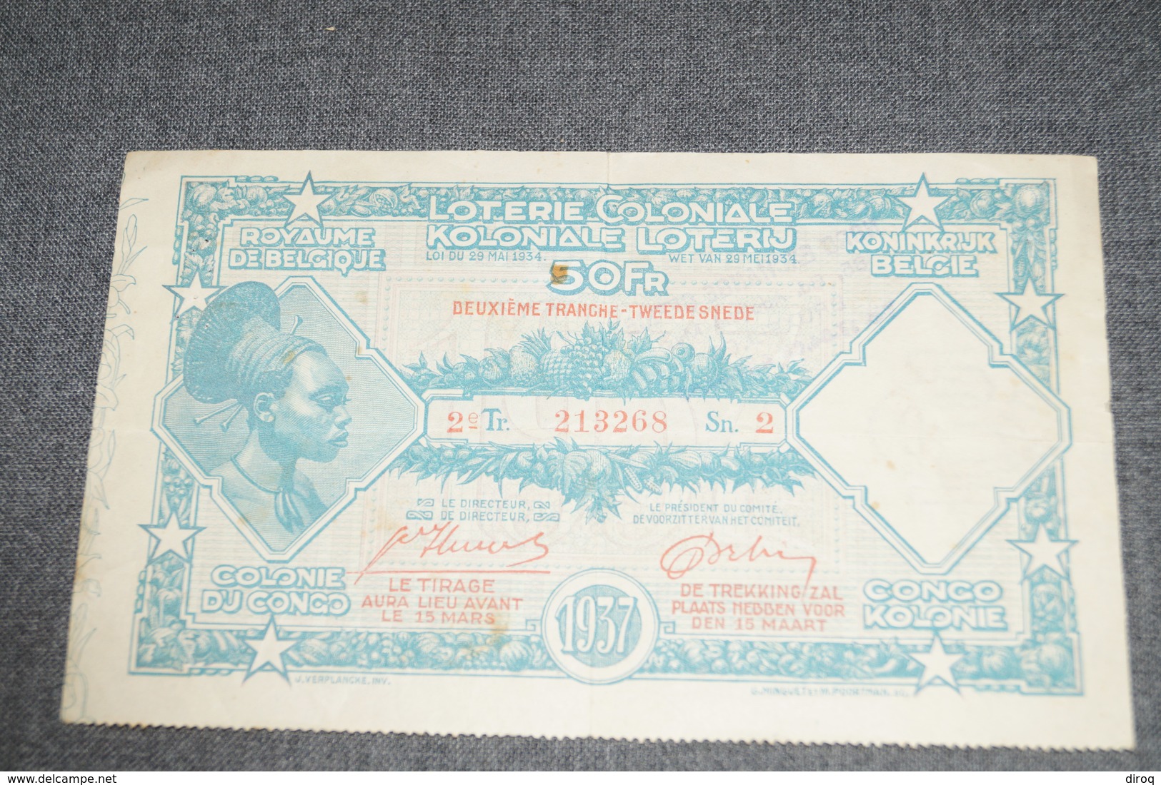 Loterie Coloniale 1937,Congo Belge,Colonie Du Congo,50 Fr. - Billets De Loterie