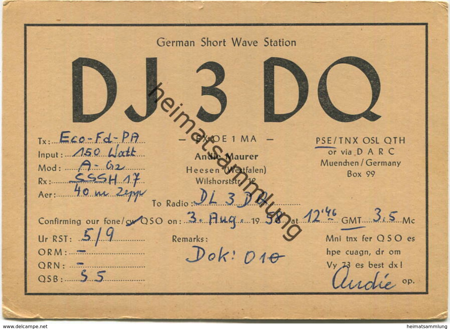 QSL - Funkkarte - DJ3DQ - Hamm-Heesen - 1958 - Amateurfunk