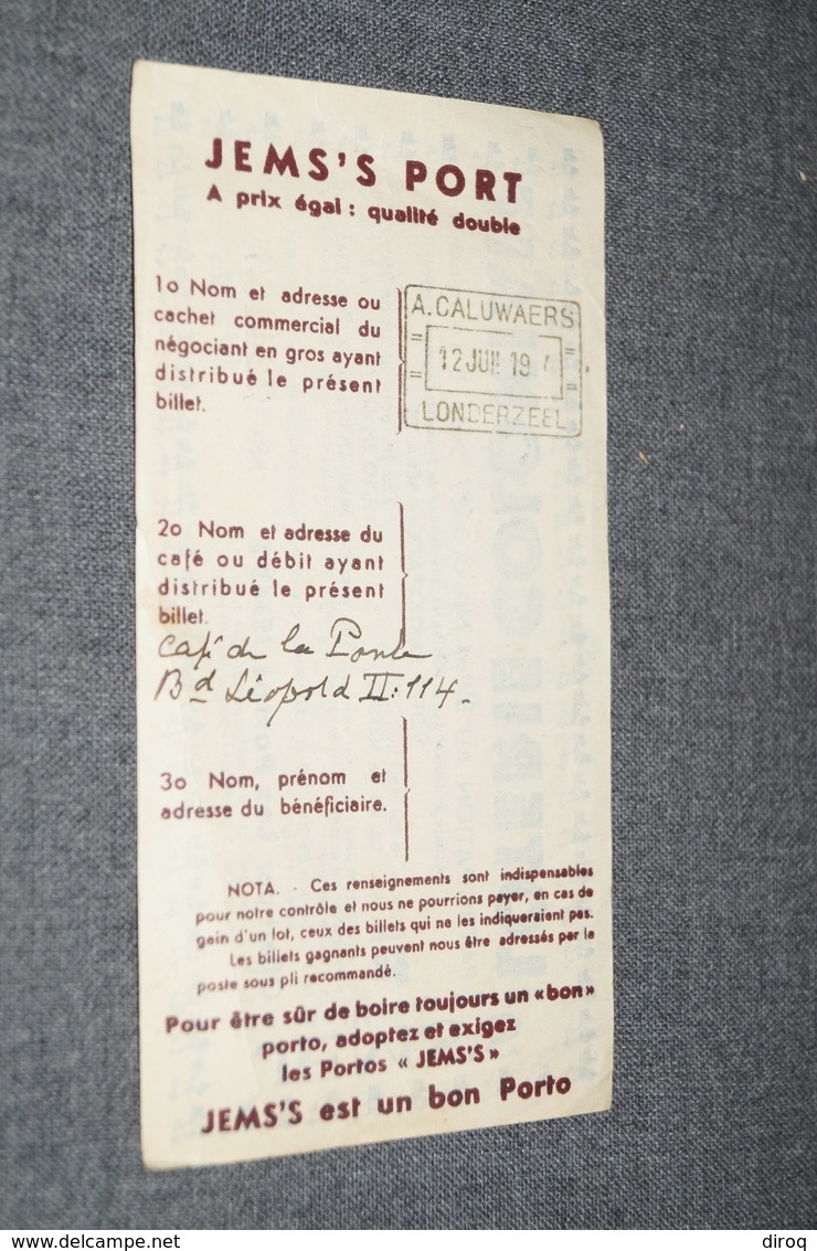 RARE Ancien Bon De Participation Loterie Coloniale,offert Par Les Portos Jems's,collection - Billetes De Lotería
