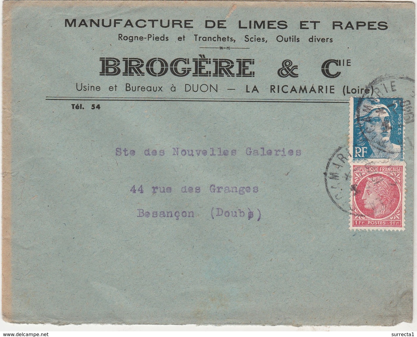 Enveloppe Commerciale 1949 / Manufacture Limes Râpes Rogne-pieds Tranchets / BROGERE / 42 La Ricamarie Loire - Autres & Non Classés