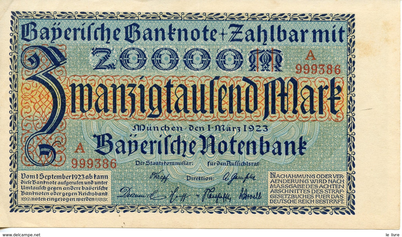 D24. ALLEMAGNE. BILLET DE 20 000 MARK MÜNCHEN 1923 - Bestuur Voor Schulden