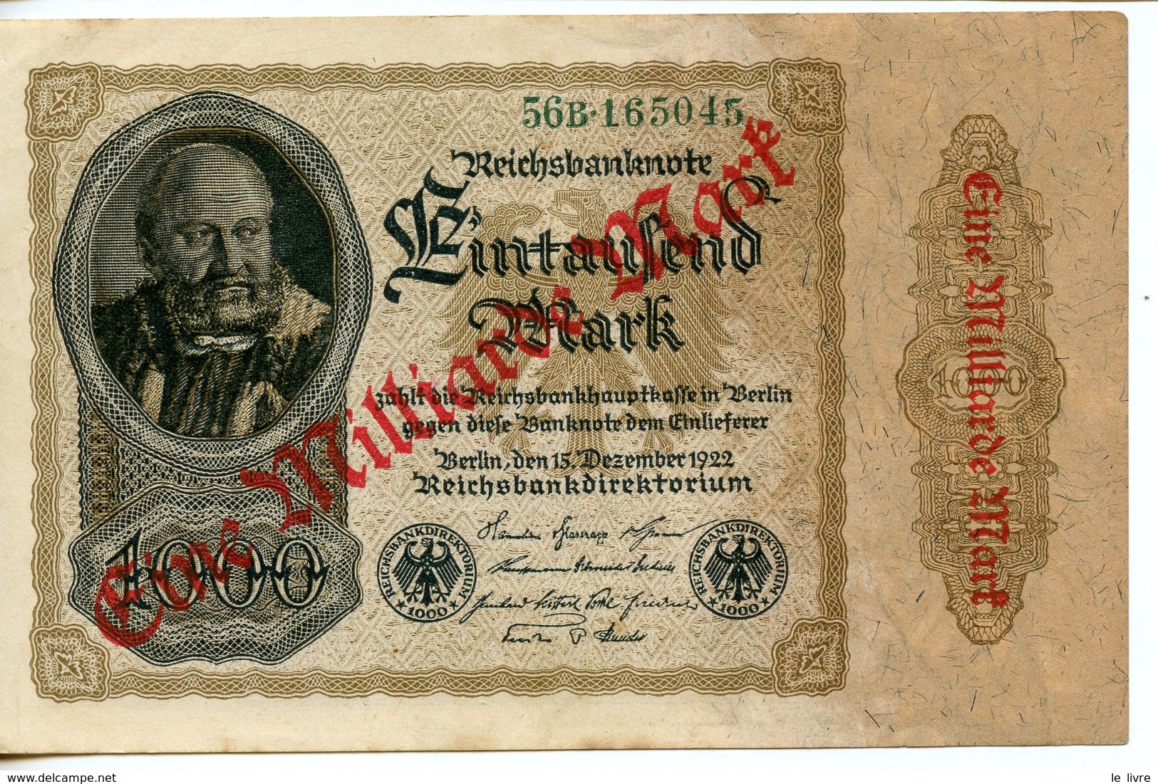 D24. ALLEMAGNE. BILLET DE 1000 MARK SURCHARGE EINE MILLIARDE MARK BERLIN 1922 - Bestuur Voor Schulden