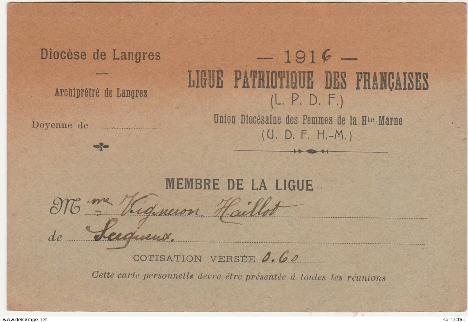 Carte 1916 / Ligue Patriotique Des Femmes Françaises / Diocèse Langres 52 / Vigneron Serqueux / Religion - Autres & Non Classés