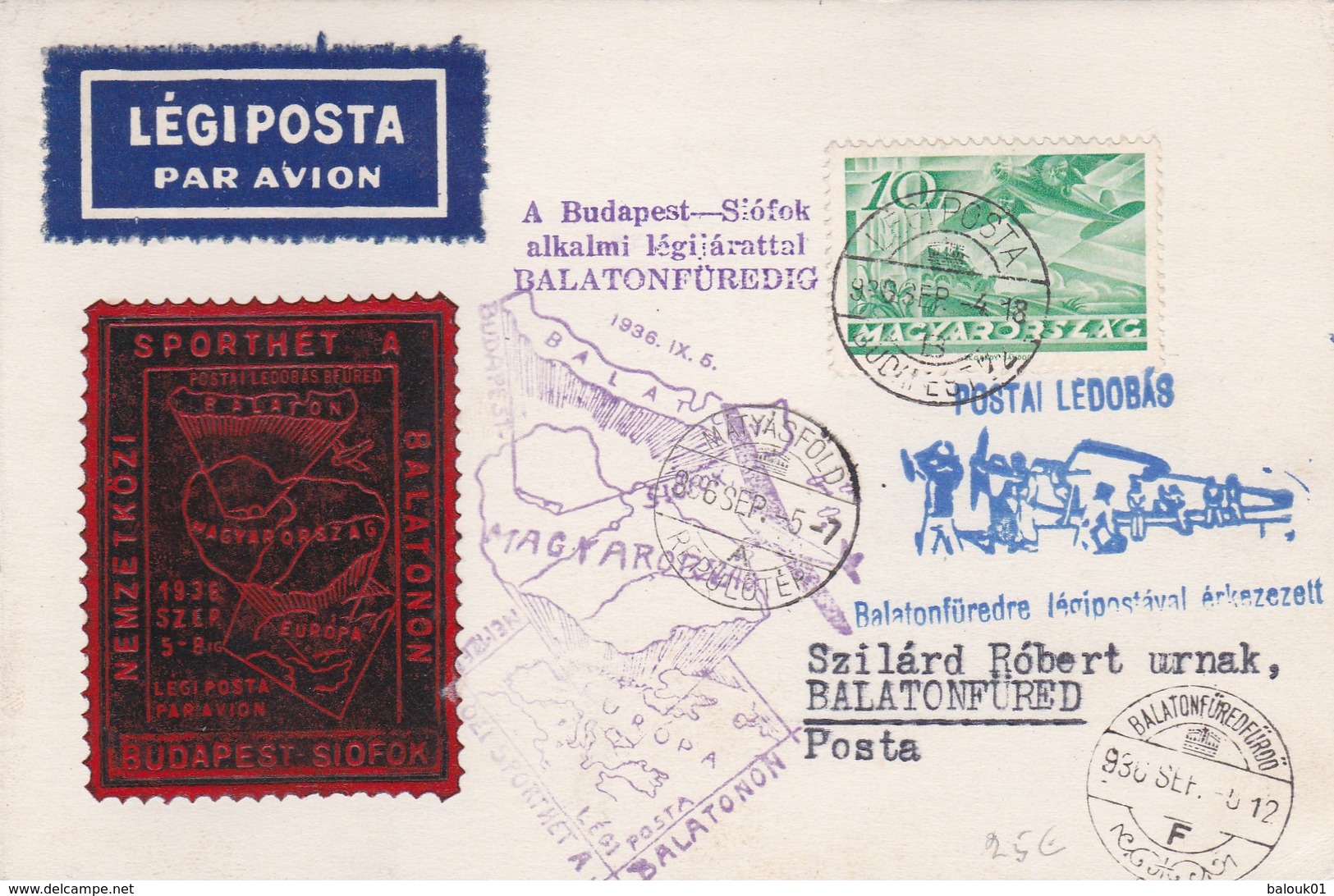 Carte Légiposta Budapest Siofok  Balatonfured 1936 - Lettres & Documents