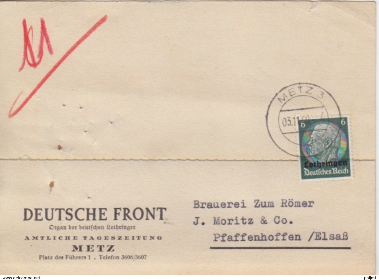 Carte-lettre à Entête (Deutsche Front) De Metz (T326 Metz 3l) TP Loth 6pg Le 23/11/40 Pour Pfaffenhoffen - Lettres & Documents