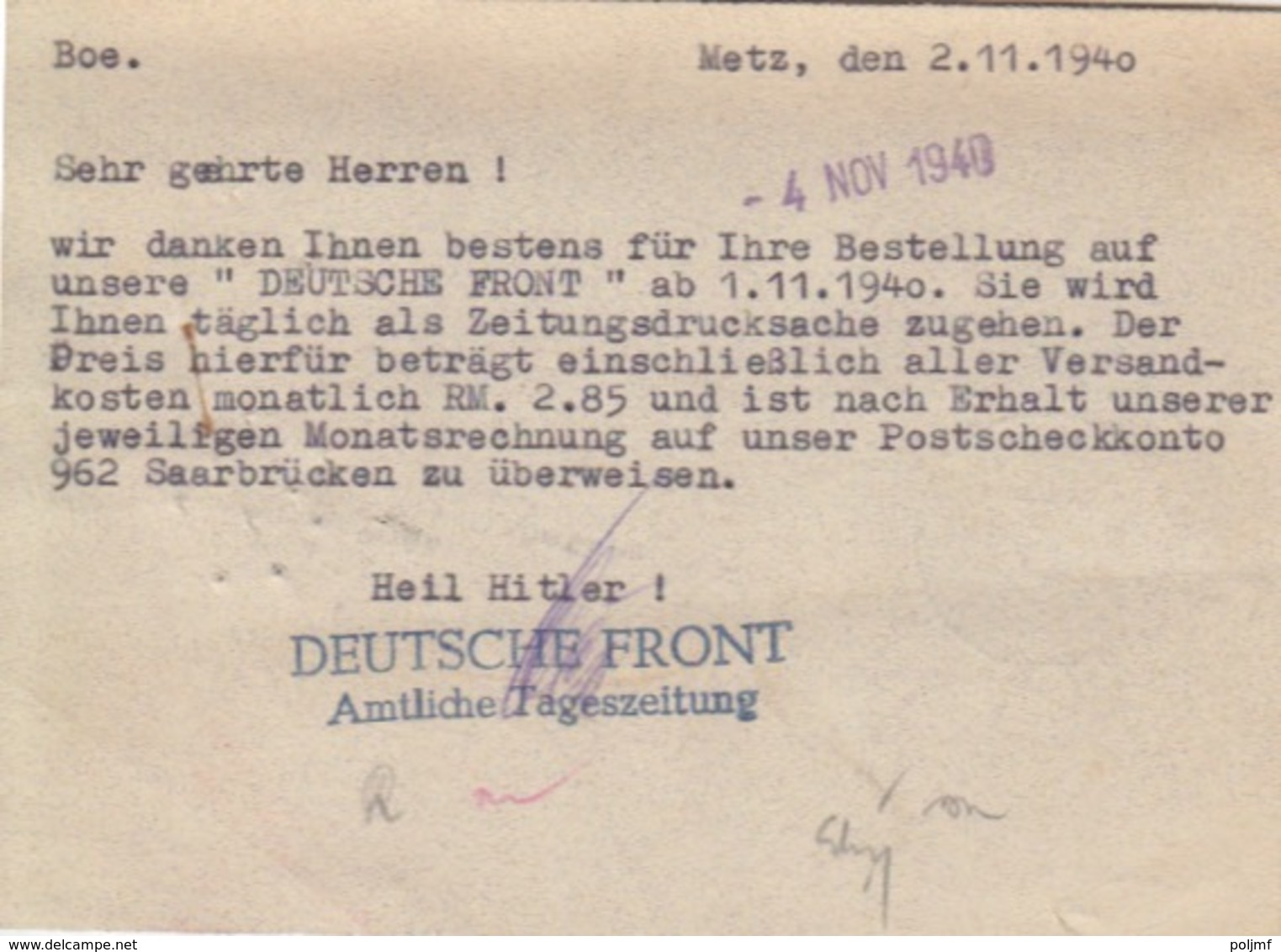 Carte-lettre à Entête (Deutsche Front) De Metz (T326 Metz 3l) TP Loth 6pg Le 23/11/40 Pour Pfaffenhoffen - Lettres & Documents