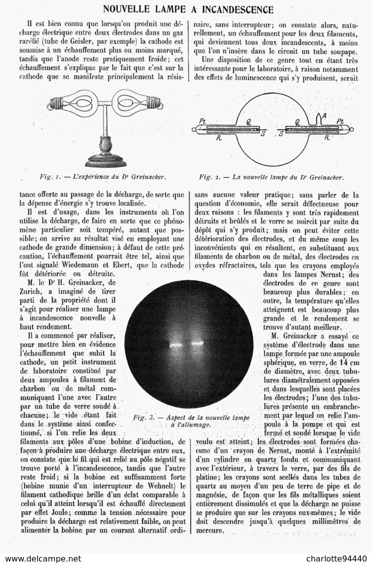 NOUVELLE LAMPE à INCANDESCENCE Du DR GREINACKER   1914 - Other & Unclassified