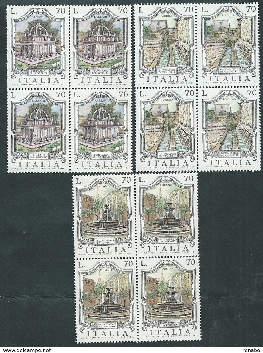 Italia 1975; Fontane D' Italia: L' Aquila, Milano, Sassari. Serie Completa In Quartine. - 1971-80: Mint/hinged