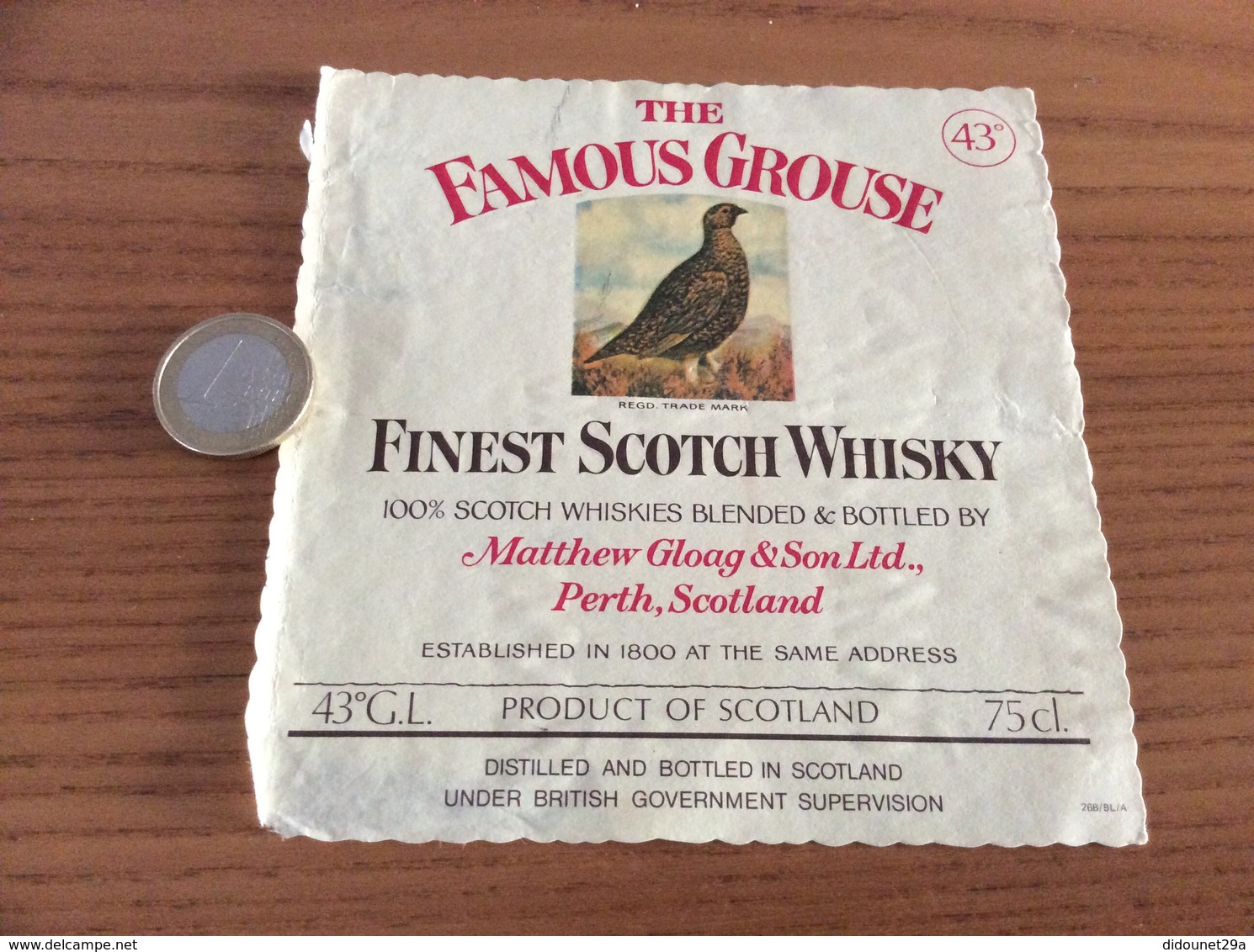 Etiquette Ecosse Type 2 «FINEST SCOTCH WHISKY - THE FAMOUS GROUSE - Matthew Gloag & Son - Perth» (oiseau) - Whisky