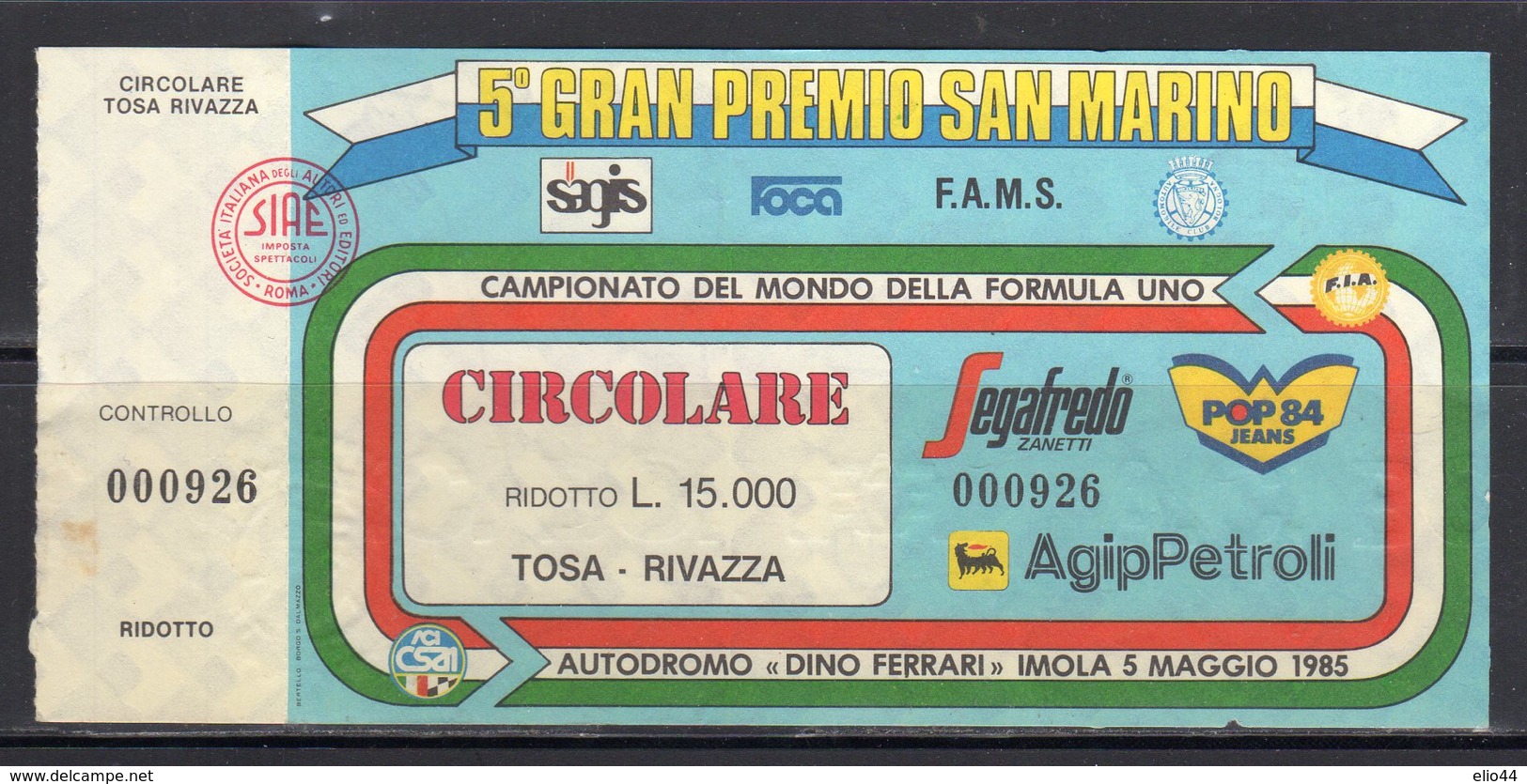 Imola '85 - 5° Gran Premio San Marino F.1 - - Biglietti D'ingresso