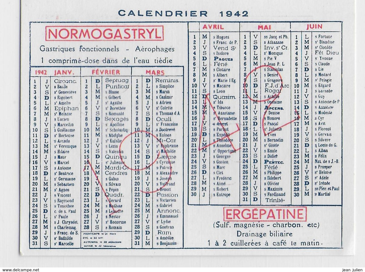 PETIT CALENDRIER - 1942 - Médicament - Petit Format : 1941-60