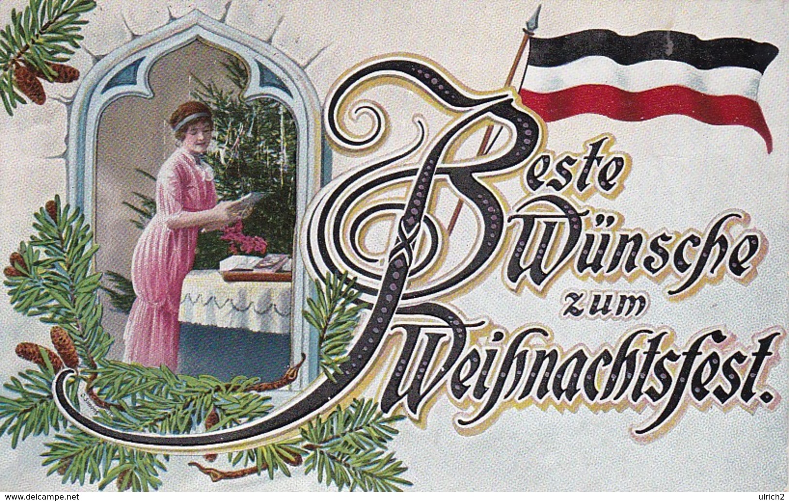 AK Beste Wünsche Zum Weihnachtsfest - Frau Mit Weihnachtsbaum - Fahne - Patriotika - 1915 (38469) - Other & Unclassified