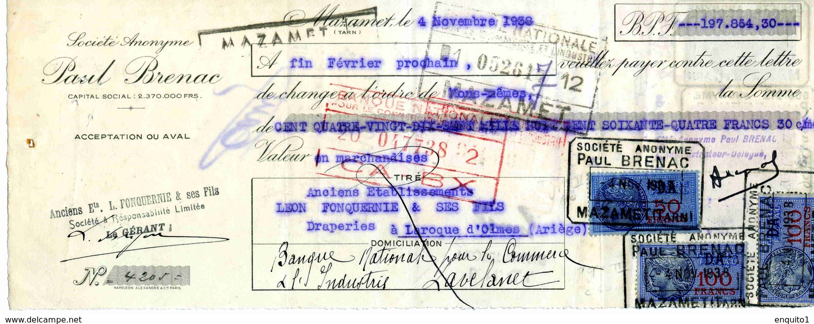 Timbre Fiscal:  Timbre Fiscal Type "Série Unifiée" Sur LETTRE DE CHANGE - Other & Unclassified