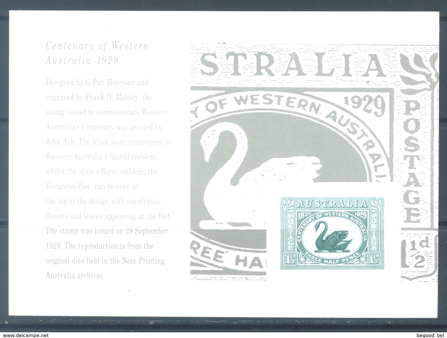 AUSTRALIA - MNH/** - REPLICA CARD # 28 CENTENARY OF WESTERN AUSTRALIA 1929 - Lot 18809 - Ensayos & Reimpresiones