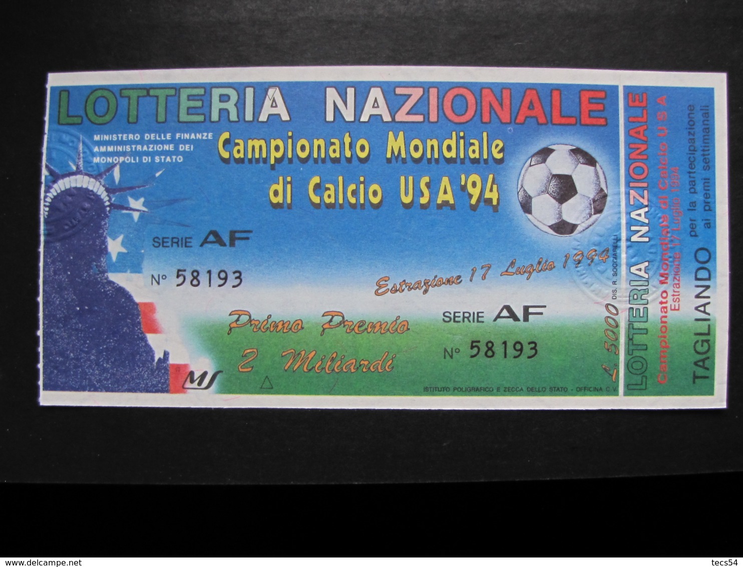 BIGLIETTO LOTTERIA MONDIALE CALCIO USA 94 1994 - COMPLETO DI TAGLIANDO FDS - Biglietti Della Lotteria