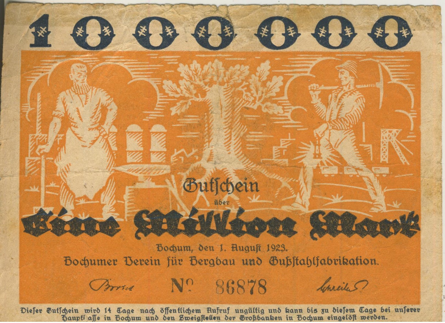 Städte Großgeldscheine - Banknoten Während Der Inflationszeit V.1923 Bochum 1 Million  "_" (40007) - 1 Miljoen Mark