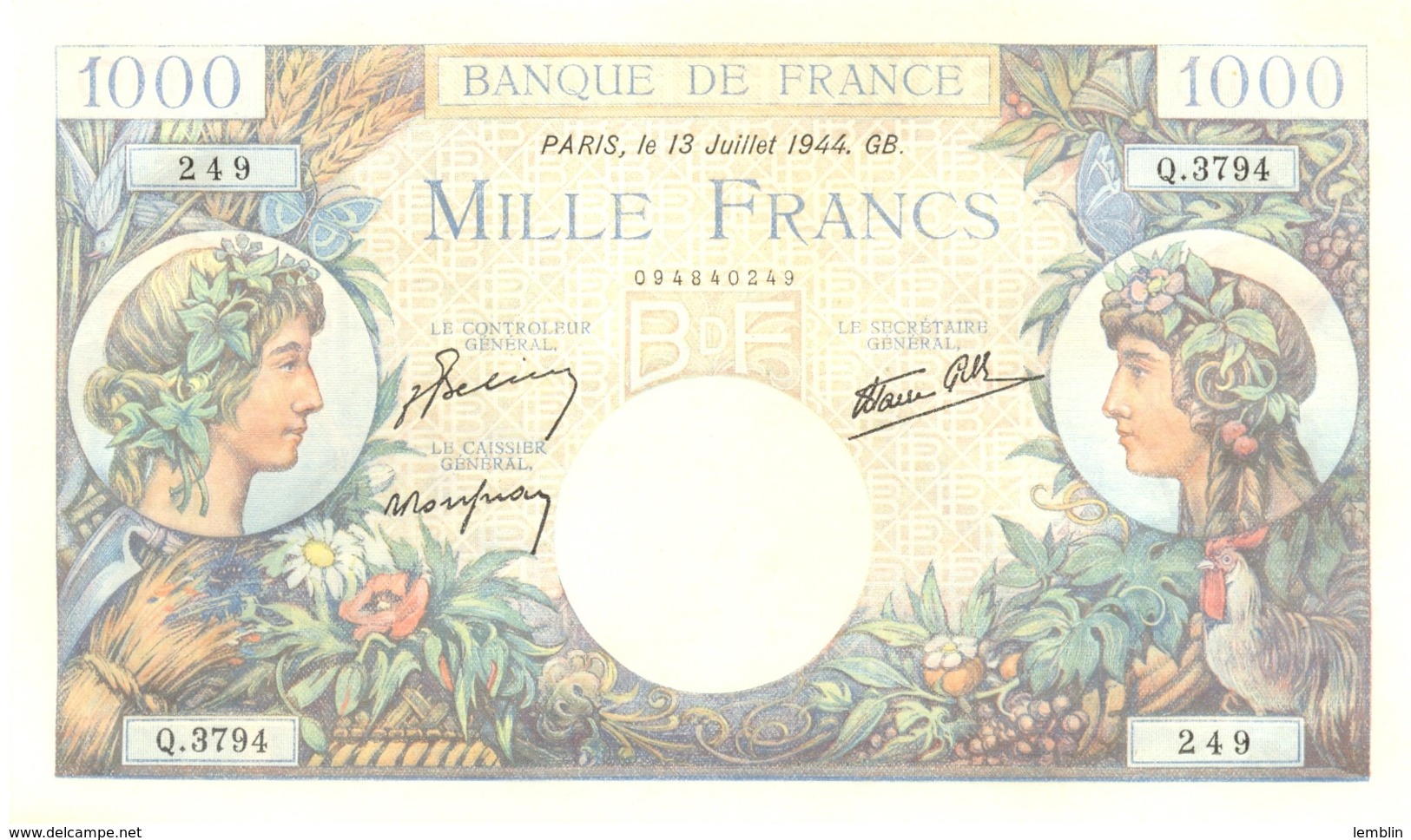 1.000 FRANCS 13 JUILLET 1944 - 1 000 F 1940-1944 ''Commerce Et Industrie''